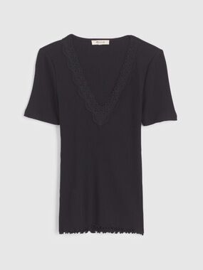 NWT Madewell Lace-Trim V-Neck Top Jet Black Knit Lettuce Hem Short Sleeve Medium